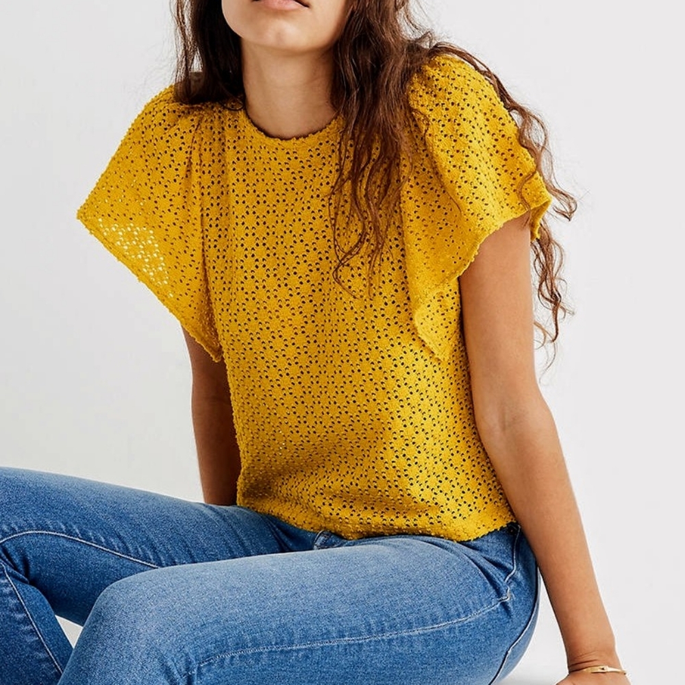 Madewell Yellow Eyelet Flutter Sleeve Top